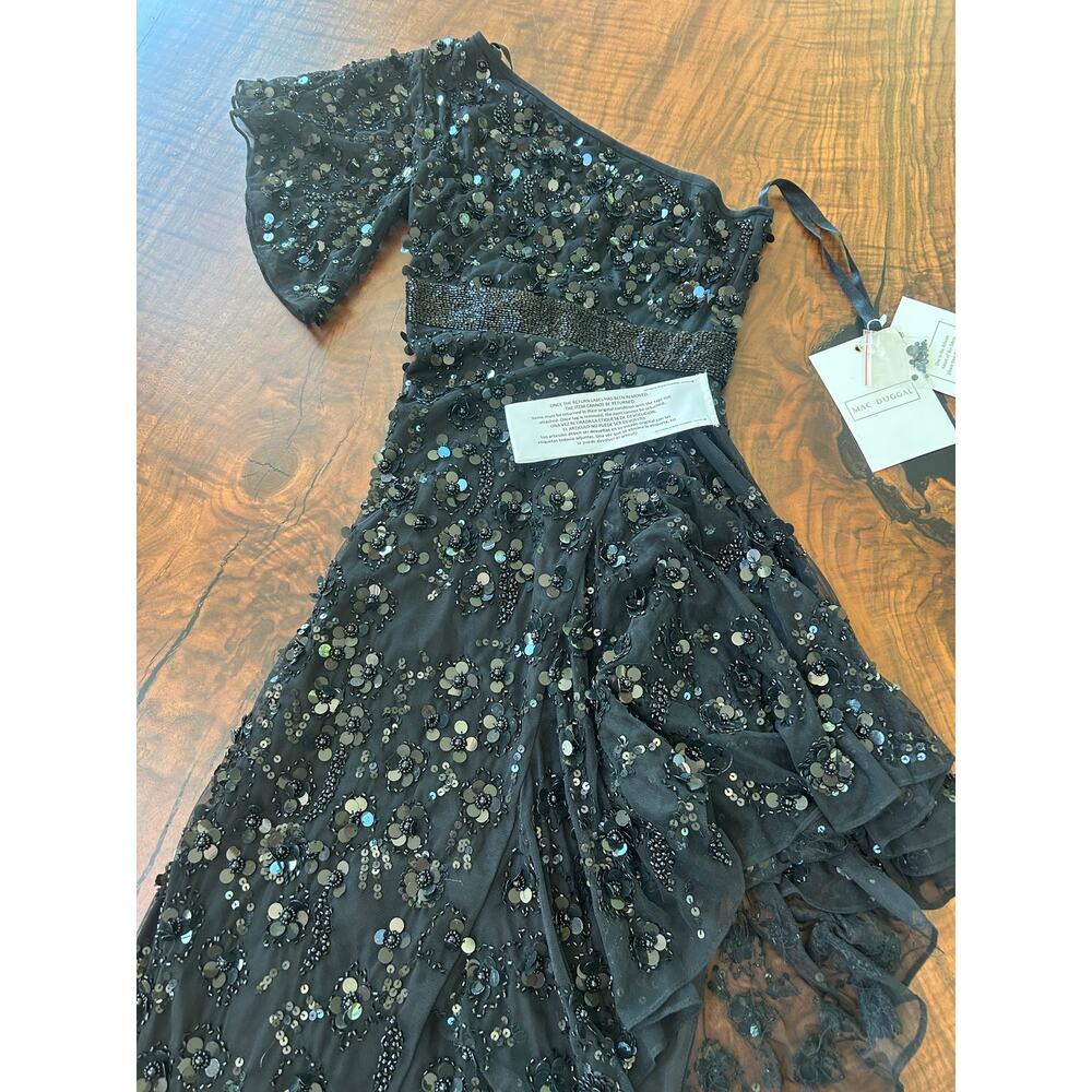NWT Mac Duggal Black Beaded One Shoulder Gown 0 XS